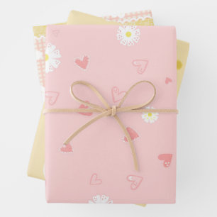 Frühlings-Pastell-Blumen & Herzen Geschenkpapier Set