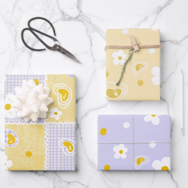 Frühlings-Pastell-Blumen & Herzen Geschenkpapier Set (Vorderseite)