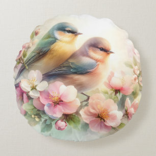 Frühlings-Pastell-Süße-Liebesvögel-Blüten-Blumen Rundes Kissen