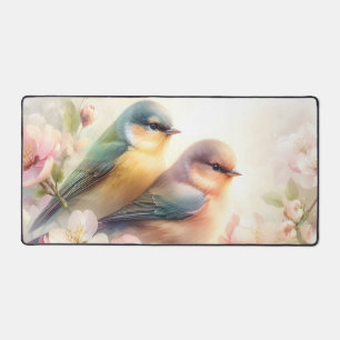 Frühlings-Pastell-Süße-Liebesvögel-Blüten-Blumen Schreibtischunterlage