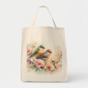 Frühlings-Pastell-Süße-Liebesvögel-Blüten-Blumen Tragetasche