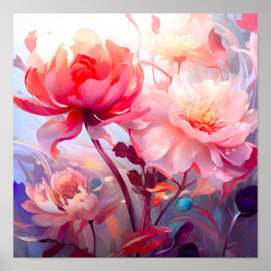 Frühlings-Pfingstrosen-Blüten-Garten-Aquarell Poster