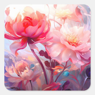 Frühlings-Pfingstrosen-Blüten-Garten-Aquarell Quadratischer Aufkleber
