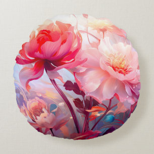 Frühlings-Pfingstrosen-Blüten-Garten-Aquarell Rundes Kissen