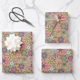 Frühlings-Retro-Blumenfarben Nahtloses Muster Geschenkpapier Set