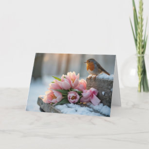 Frühlings-Rotkehlchen mit rosa Tulpen Karte