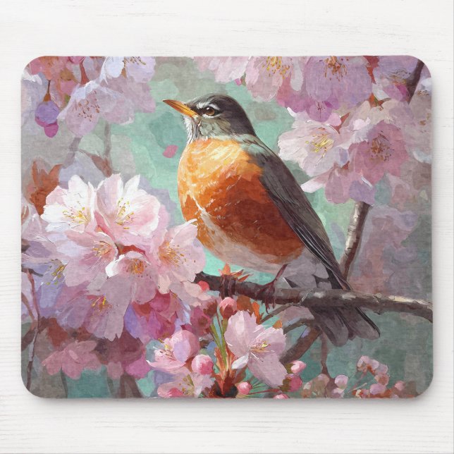 Frühlings-Rotkehlchen-Rosa-Kirschblüten-Mauspad Mousepad (Vorne)