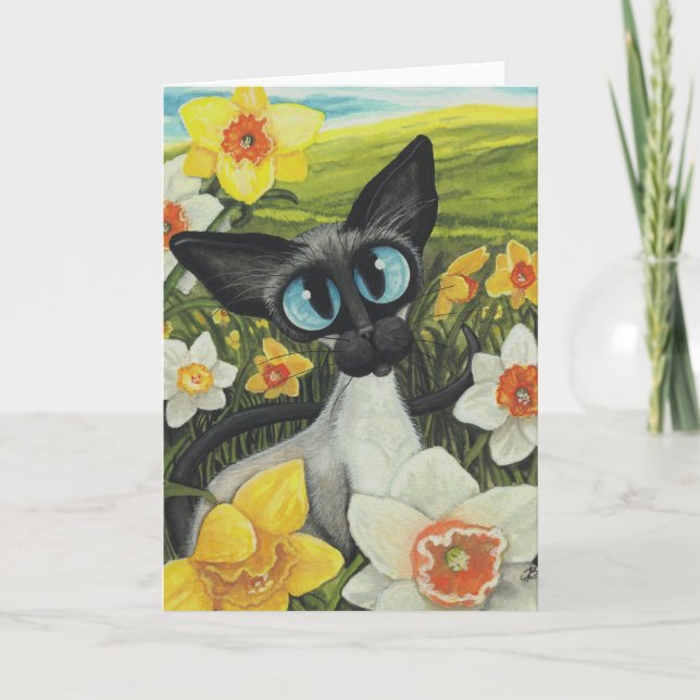 Frühlings-siamesische Katzen-Ostern-Narzissen Feiertagskarte (Vorderseite)