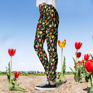 Frühlings-Tulpen Rot und Gelb Schwarze Blumenmuste Leggings