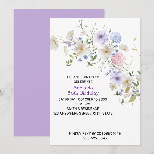 Frühlings-Wildblumen Boho Lila Pink-Blume Einladung (Vorne/Hinten)