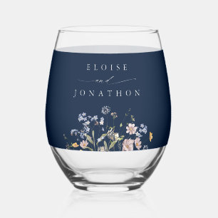 Frühlings-Wildblumenwiese Garten Hochzeit in Navy Weinglas Ohne Stiel