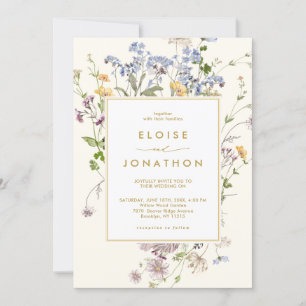 Frühlings-Wildblumenwiese Gold QR Code Hochzeit Einladung