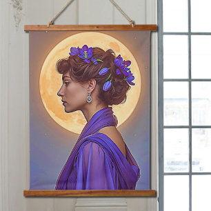 Frühlingsallegorie - Frau mit violetten Blumen Wandteppich Mit Holzrahmen