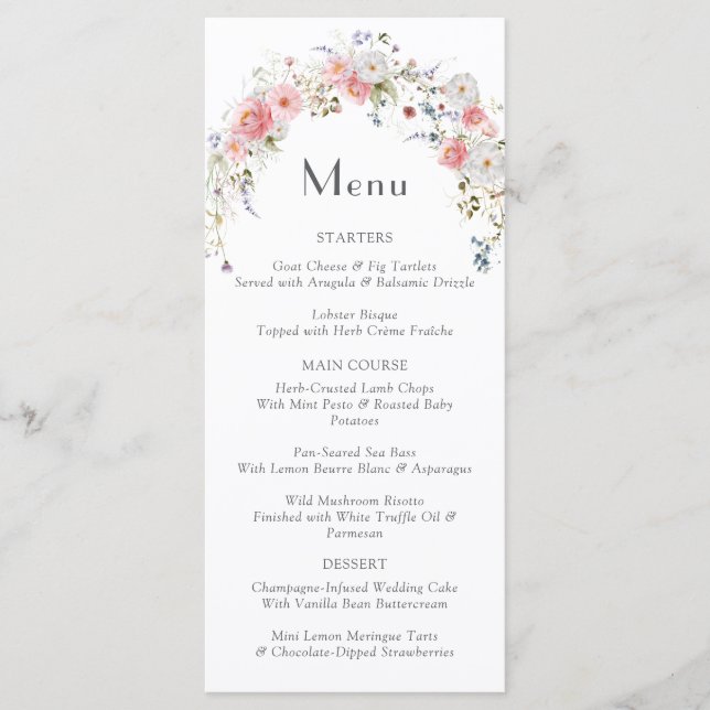 Frühlingsarme Wildblumen Rosa Weißes Hochzeitssäng Menükarte (Vorderseite)