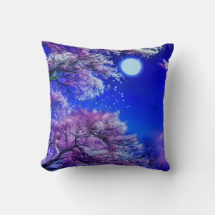 Frühlingsbaum, Mond, blauer Himmel. Kissen