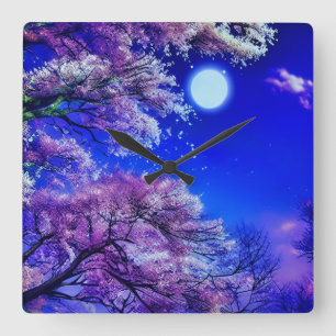 Frühlingsbaum, Mond, blauer Himmel. Quadratische Wanduhr