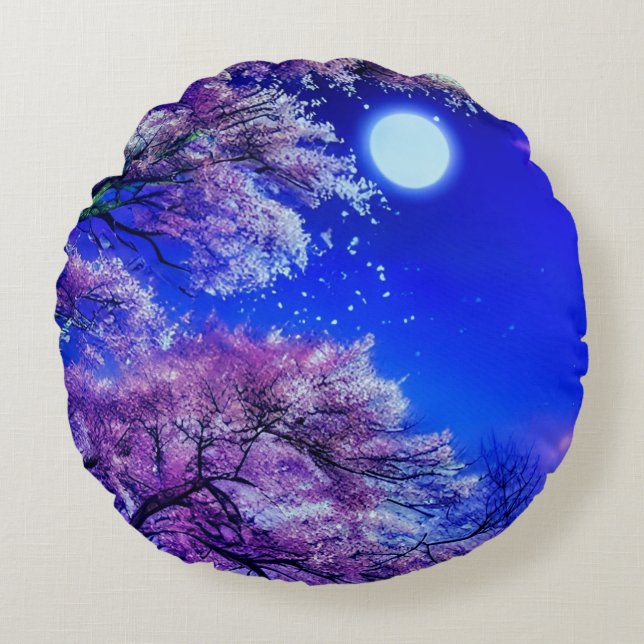 Frühlingsbaum, Mond, blauer Himmel. Rundes Kissen (Vorderseite)