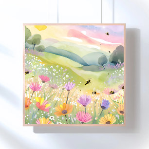 Frühlingsbienen Blumenfelder Florale Farbige Nat Poster