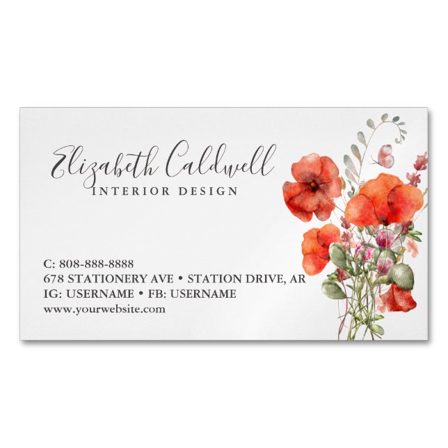 Frühlingsblume Wildblume Poppy Personalisiert Magnetische Visitenkarte (Vorderseite)