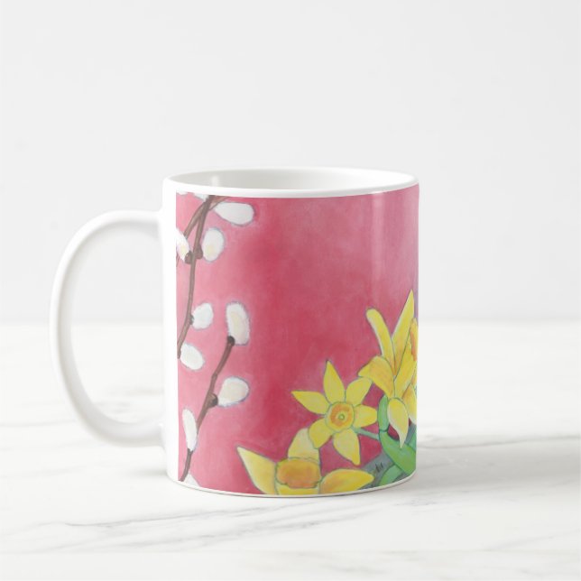 Frühlingsblumen, Affodien, Salix caprea & Violets Kaffeetasse (Links)