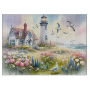 Frühlingsblumen am Leuchtturm Coastal Cottage Schneidebrett