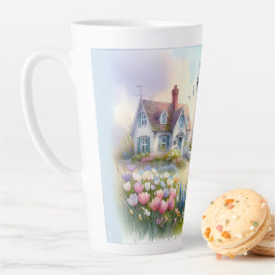 Frühlingsblumen am Leuchtturm-Cottage an der Küste Milchtasse