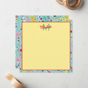 Frühlingsblumen auf aquablauem Monogramm Mitteilungskarte