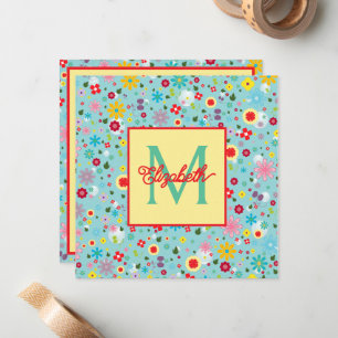 Frühlingsblumen auf aquablauem Monogramm Mitteilungskarte