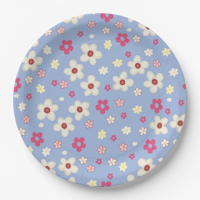 Frühlingsblumen auf blauem Hintergrund Pappteller (Vorderseite)
