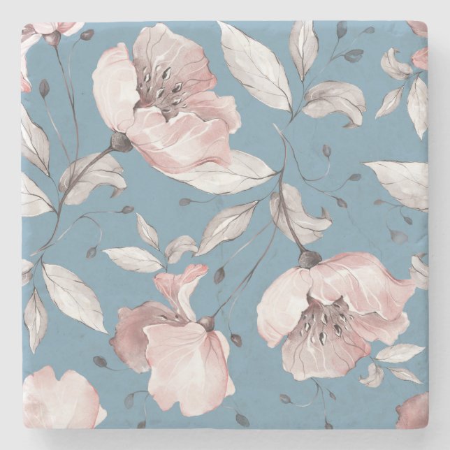 Frühlingsblumen, Blätter, nahtloses Design Steinuntersetzer (Vorderseite)