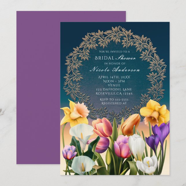 Frühlingsblumen Blumenrahmen Elegante Einladungen (Vorne/Hinten)