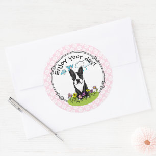 Frühlingsblumen Boston Terrier Dog (schwarz) Niedl Runder Aufkleber