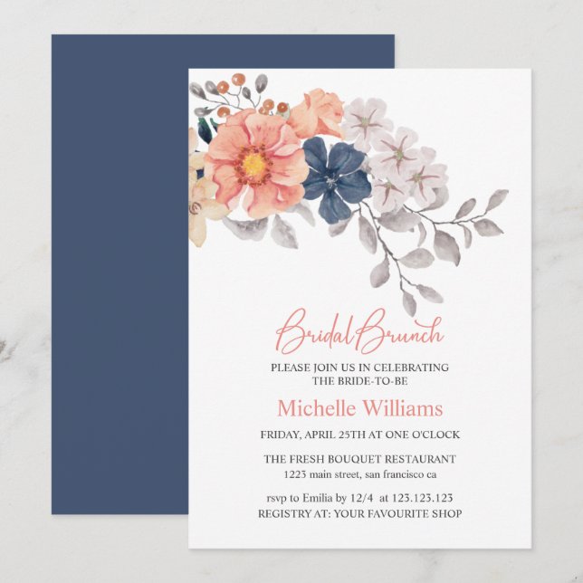 Frühlingsblumen Coral Navy Bridal Brunch Einladung (Vorne/Hinten)