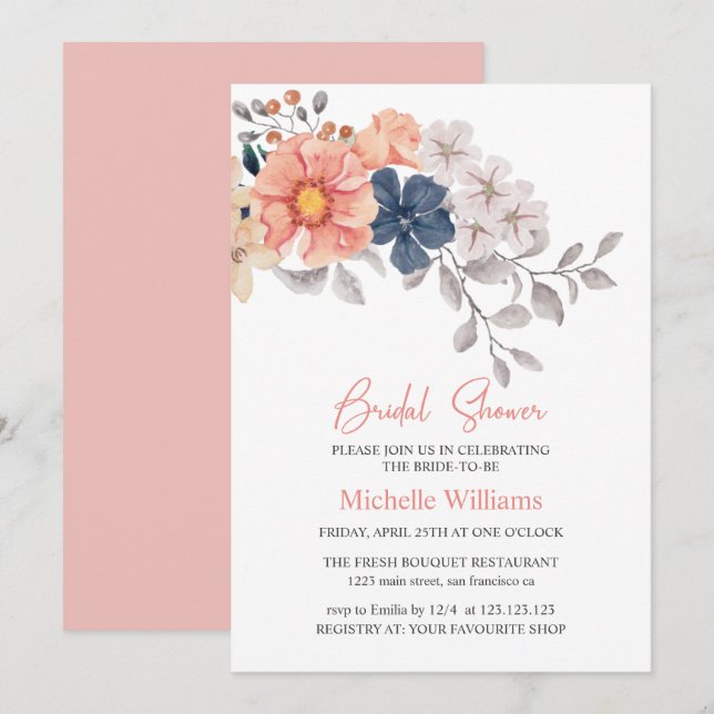 Frühlingsblumen Coral Navy Bridal Dusche Einladung (Vorne/Hinten)