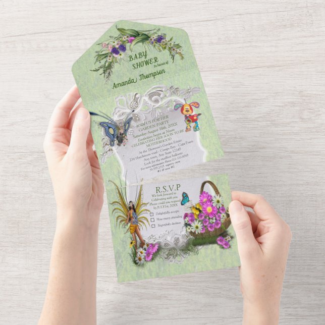 Frühlingsblumen & FAIRIEN Alle in einer Babydusche All In One Einladung (Abreißen)