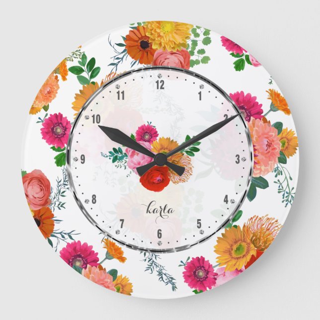 Frühlingsblumen Farbliche Handmalerei Illustration Große Wanduhr (Vorderseite)