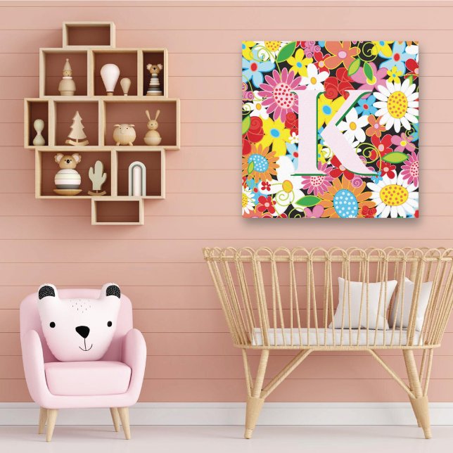Frühlingsblumen Garden Monogram Whimsisches Kinder Leinwanddruck (Whimsical Colorful Spring Flowers Garden Initial / Monogram Girl's Nursery Canvas Print @ fat_fa_tin)