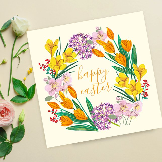 Frühlingsblumen Gelbe Osterblumentuppe zeichnend Karte (Spring Wildflower Wreath Happy Easter Floral ArtCard)