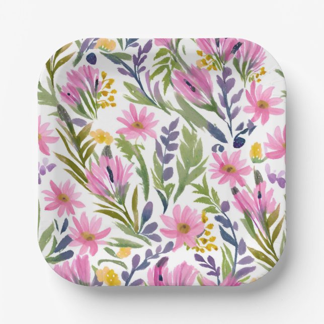 Frühlingsblumen | Hübsche Pastell Floral Wasserfar Pappteller (Vorderseite)