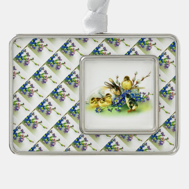 Frühlingsblumen, Hühner und Ostersonnige Ornamente Rahmen-Ornament Silber (Vorderseite)
