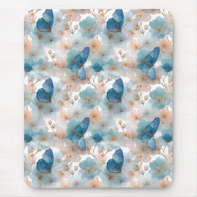 Frühlingsblumen im Vintage-Stil & blauer Schmetter Mousepad (Vorne)
