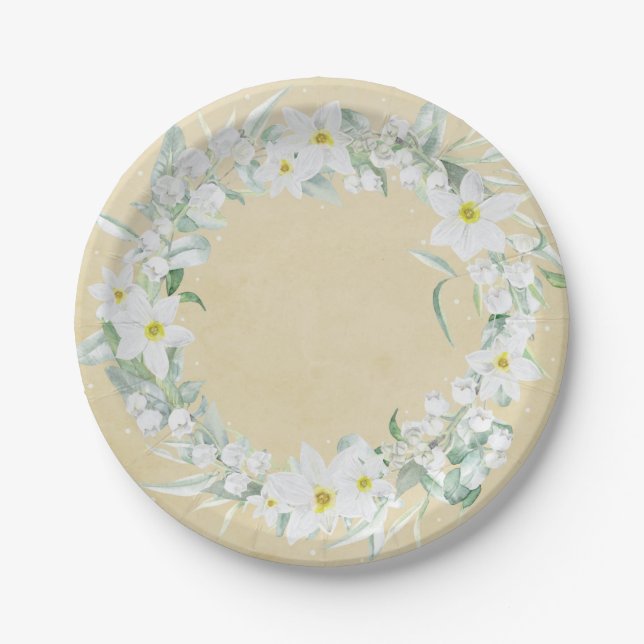 Frühlingsblumen im weißen Blumenkranz Pappteller (Vorderseite)