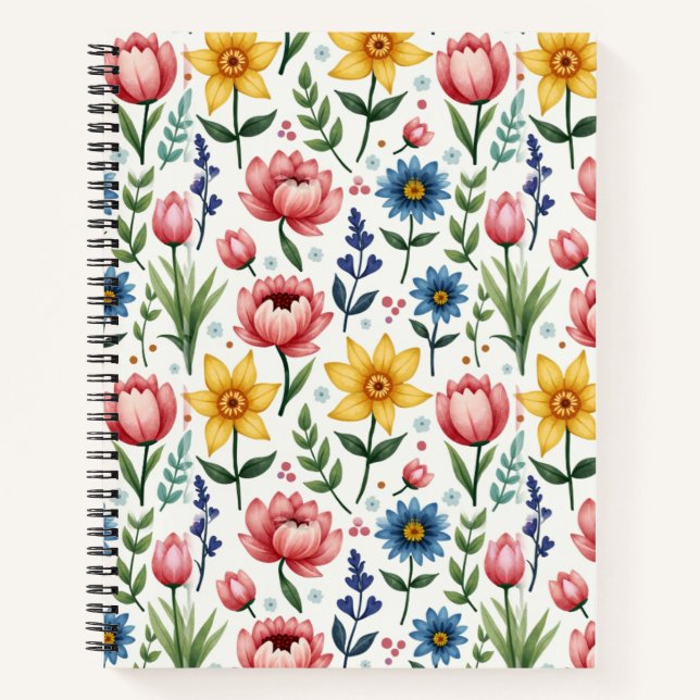 Frühlingsblumen in Blau-Rosa und Gelb Notizbuch (Vorderseite)