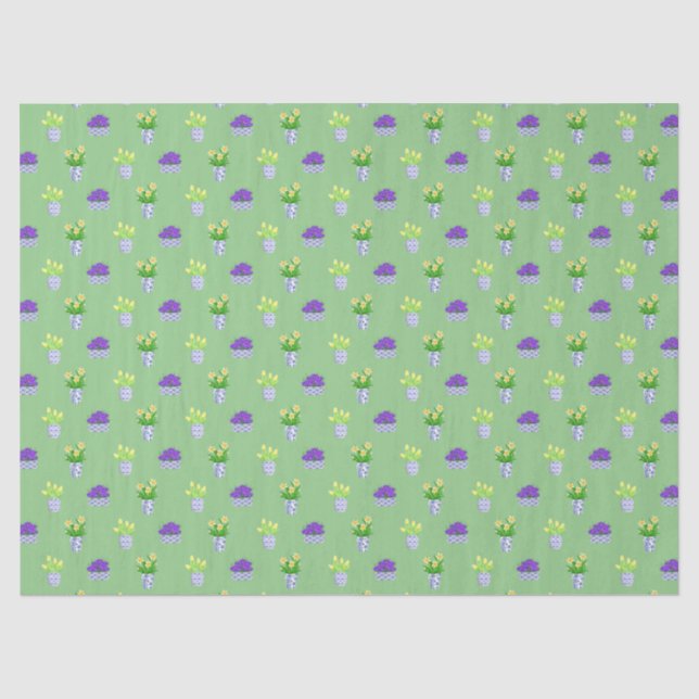 Frühlingsblumen in Chinoiserie Pots Green Seidenpapier (Vorderseite)