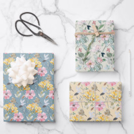 Frühlingsblumen in rosa-gelb-grüner Hochzeit Geschenkpapier Set