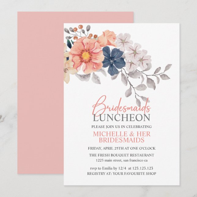 Frühlingsblumen Korallenwache Bridesmaids Luncheon Einladung (Vorne/Hinten)