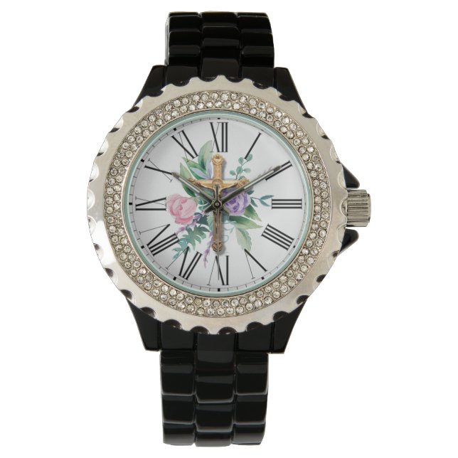 Frühlingsblumen | Kruzifix | römische Zahlen Armbanduhr (Vorderseite)