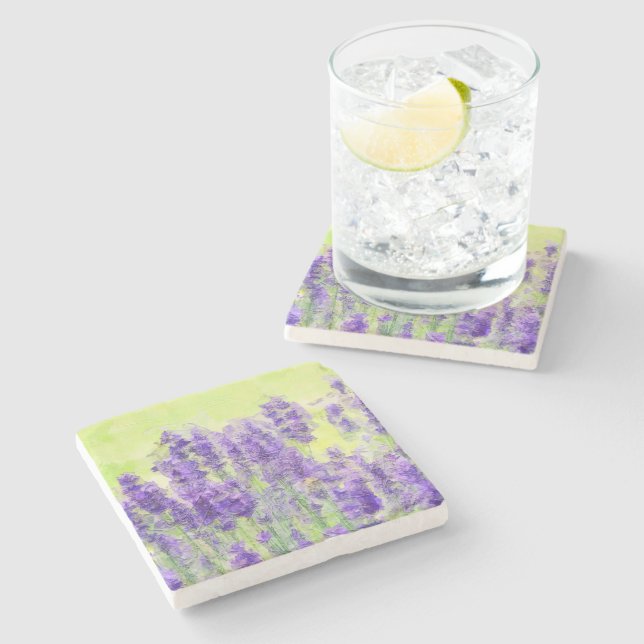 Frühlingsblumen Lavendel Wasserfarbe Blumen Steinuntersetzer (Seitenansicht)