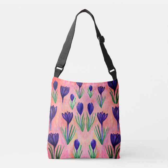 Frühlingsblumen, Lila Crocus Body Bag Tragetaschen Mit Langen Trägern (Vorderseite)