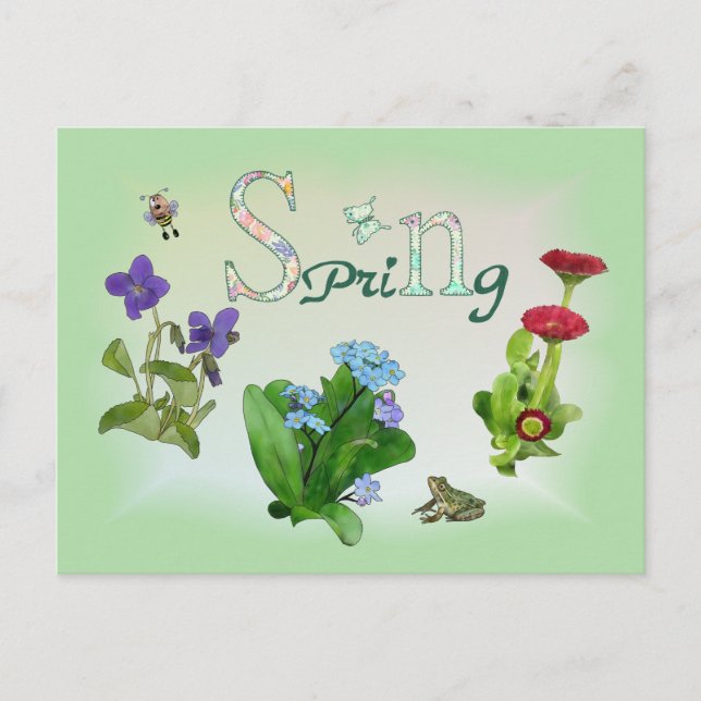 Frühlingsblumen mit Frosch Postkarte (Vorderseite)